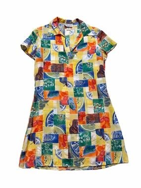 VTG 80s Fruit Print Yellow Patchwork Rayon Satin Popover Twiggy Dress S Mini